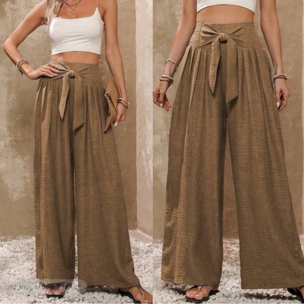 Solid khaki Wide Leg High Waisted Smocked Tie Pants.